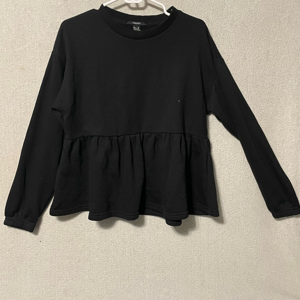 Forever 21 Black Ruffle Hem Long Sleeve Top